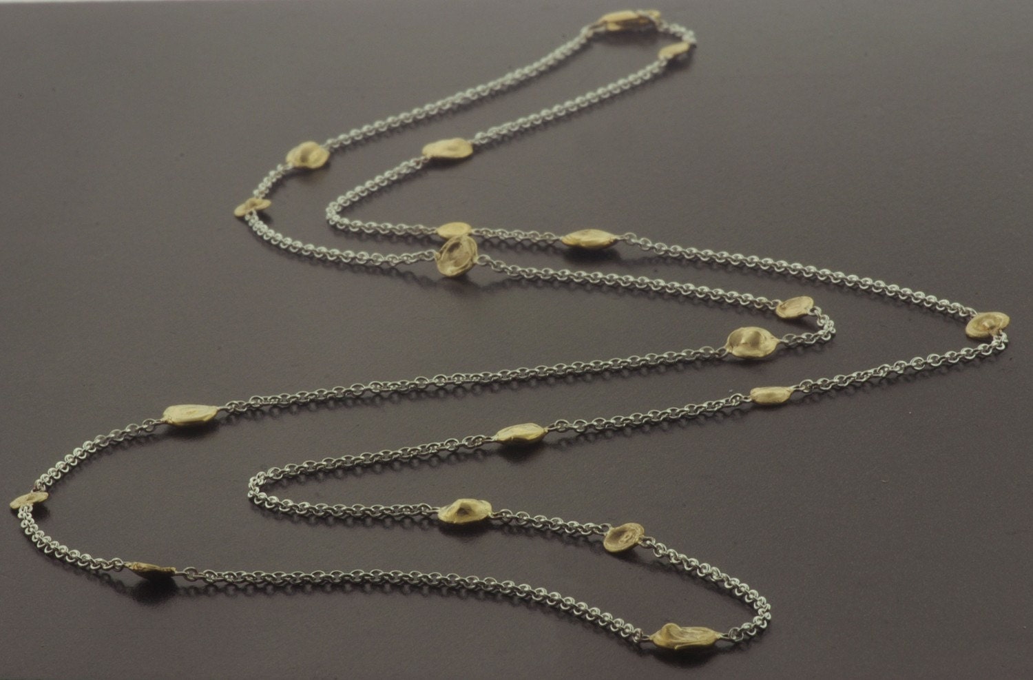 14K Watercast Long Necklace with Oxidized Argentium Sterling Silver Chain