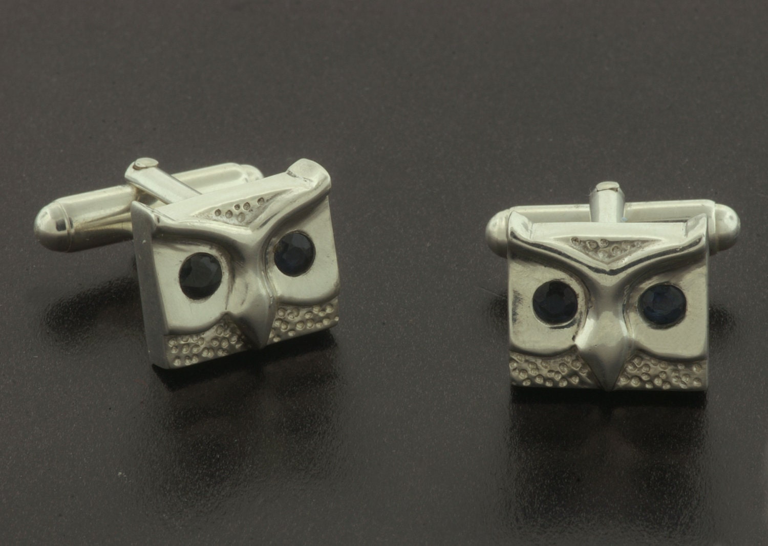 Owl Cufflinks Sterling Silver with Sapphire Eyes