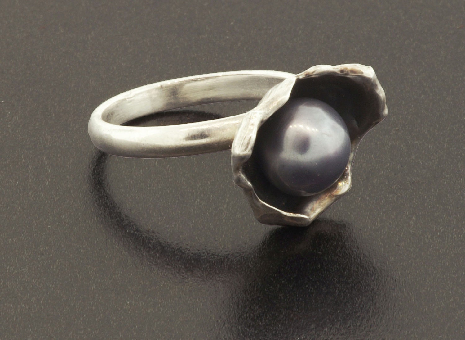 Sterling Silver Watercast Ring with Black Pearl