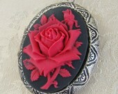 Rose Cameo Locket Necklace, Red & Black Cameo, Valentine, Wedding, Bride,Bridesmaids, Silver,Long Chain - Demi