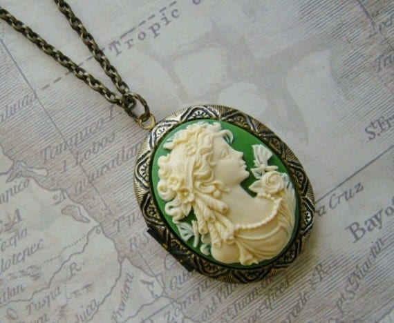 Large Cameo Locket Necklace, Green/Cream, Sweet Charlotte Lady, Vintage Inspired, Long Chain - Martha