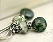 Handmade Wire Wrapped Moss Agate and Green Amethyst  Earrings on Oxidized Sterling Silver