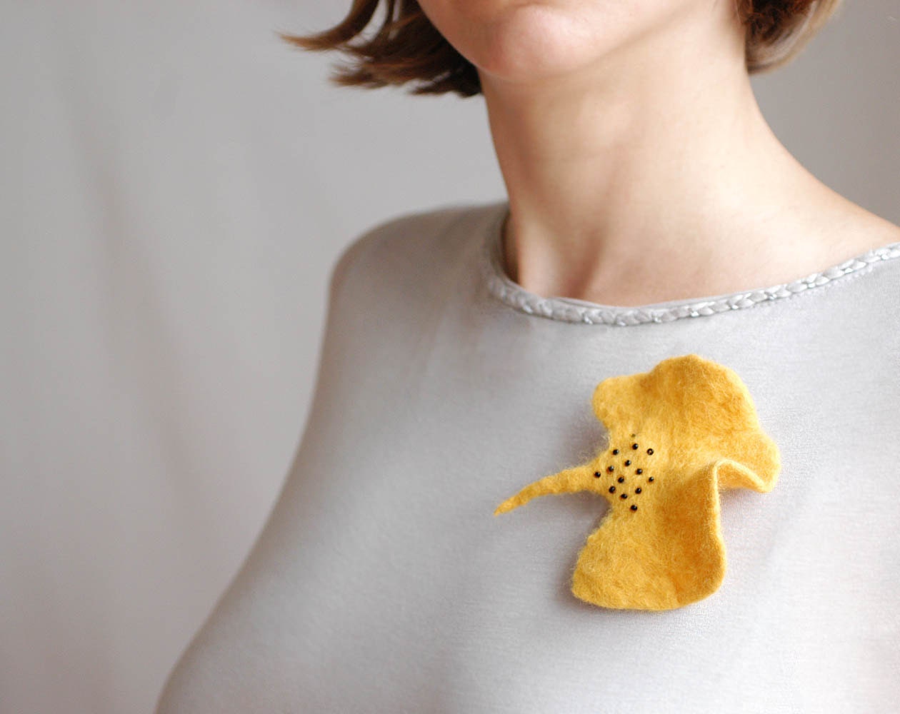 Ginkgo yellow leaf hand felted brooch pin