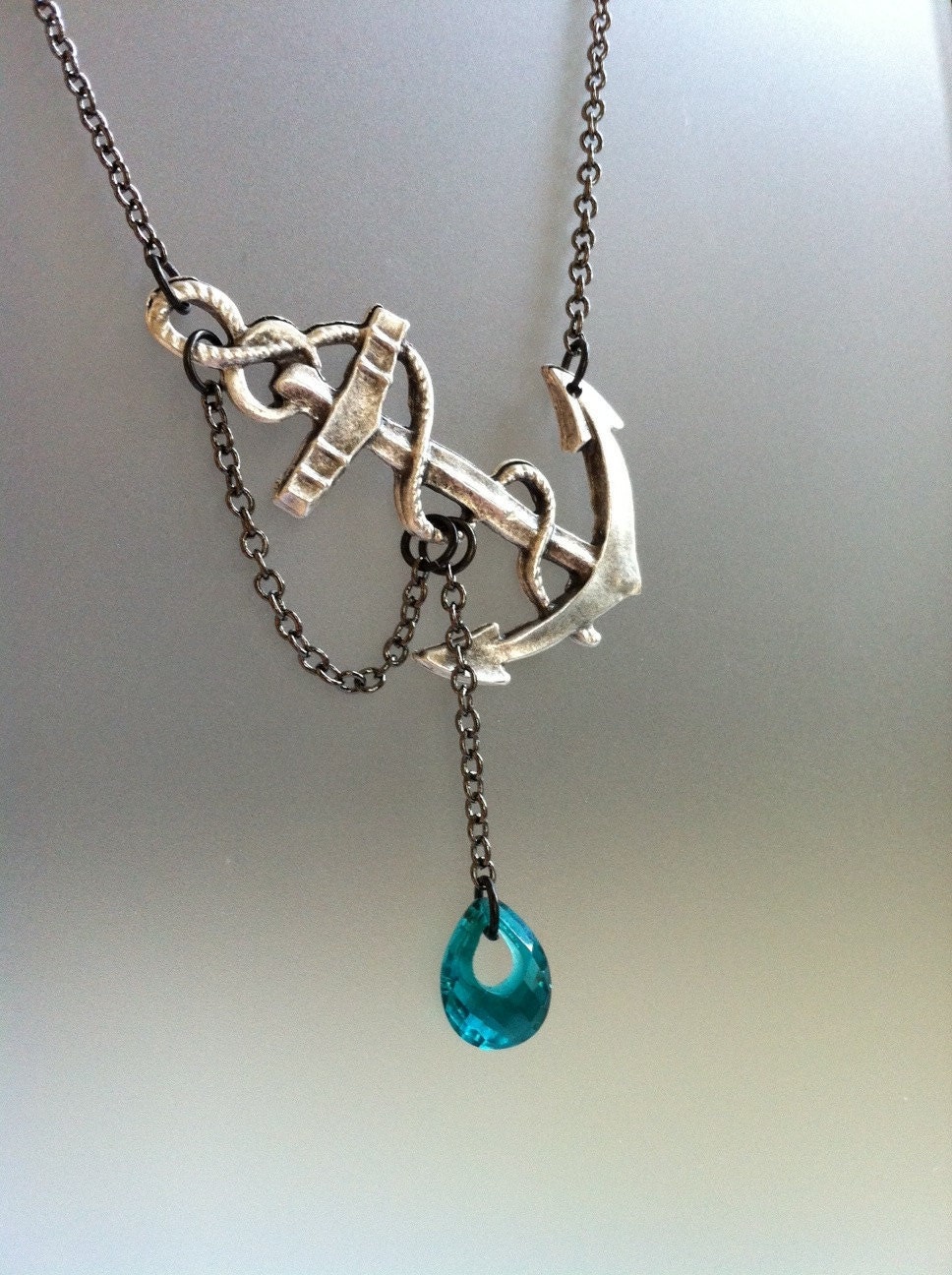Reserved for Hannah Lost at Sea Necklace by SBC Teal Blue Quartz Hoop Briolette Silver Plated Anchor Gunmetal Chain Free Shipping Worldwide