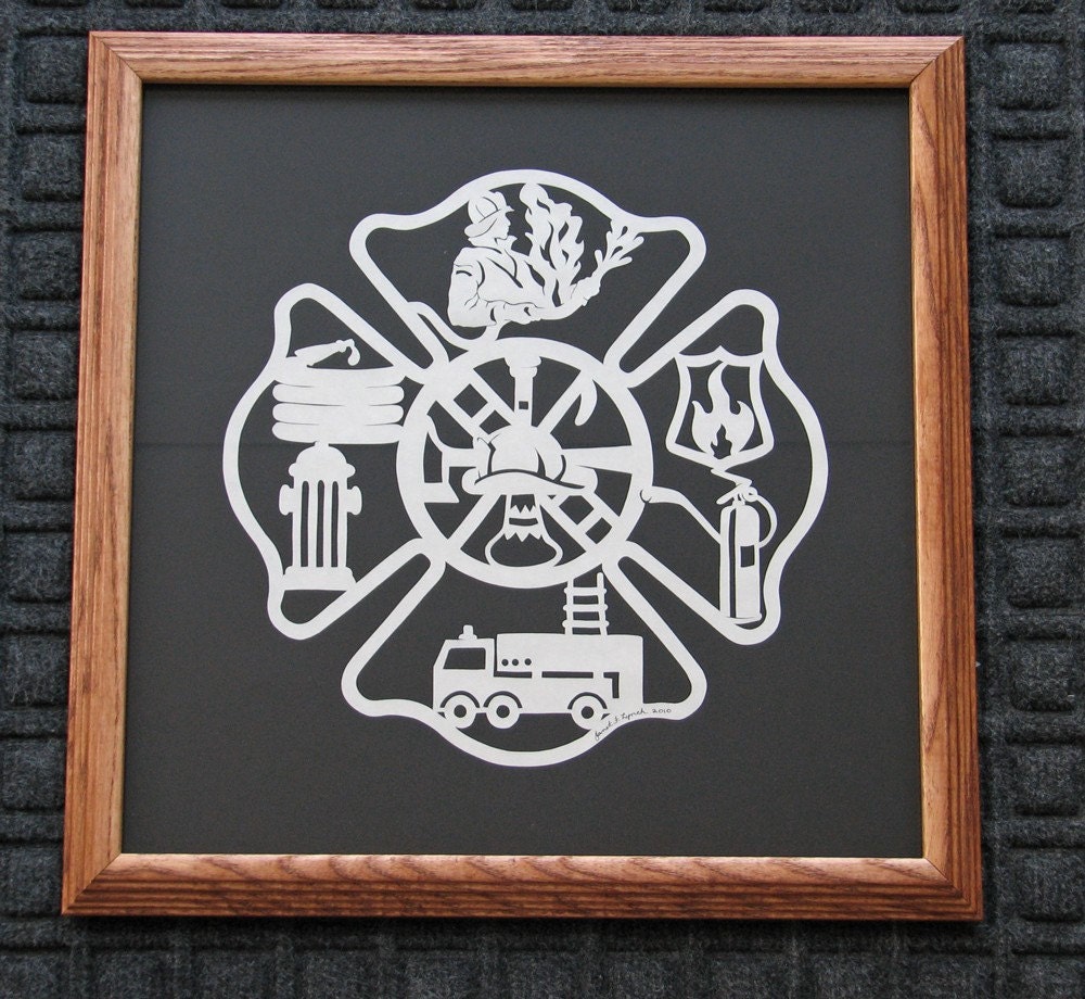 Fireman's Plaque -Scherenschnitte -  Hand Paper Cutting Art signed dated by Janet Lynch framed 14x14 - FREE U.S.Ship with another item.