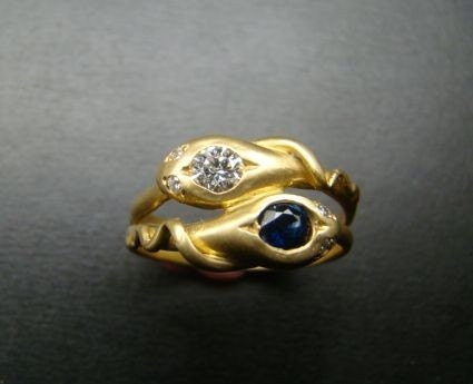 14K Gold Diamond and Sapphire Snake ring