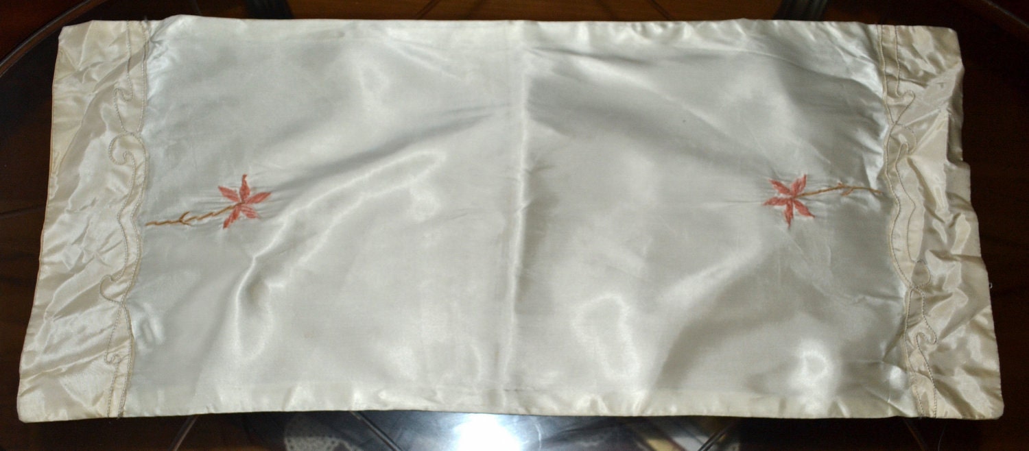 Two Vintage 1940s Champagne Satin and Chenille Vanity Scarves bureau scarf