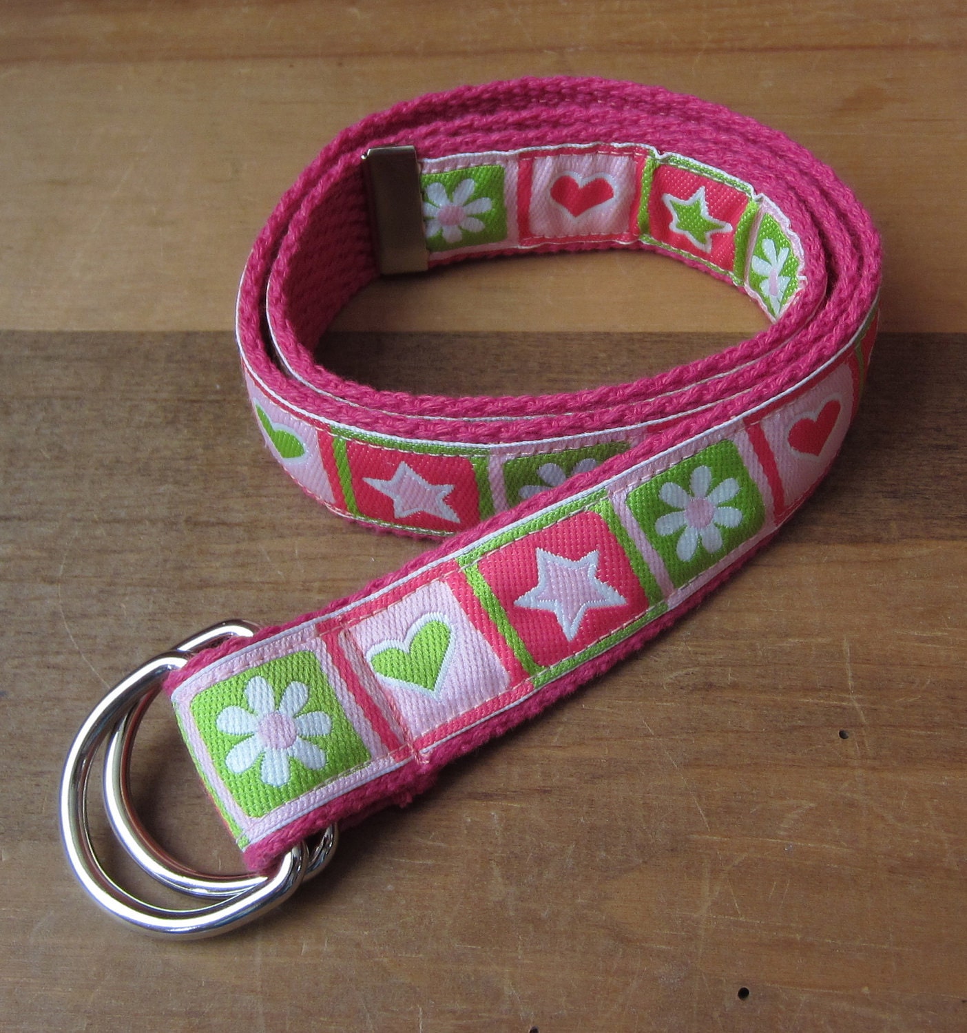 Girls D-Ring Belt - Toddler Children Kids - Hearts, Flowers, Stars on Pink