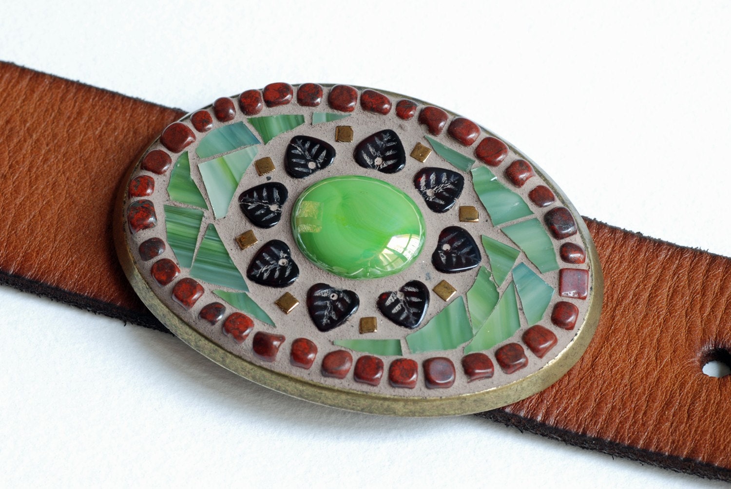 Mountain Apple - Mosaic belt buckle with leather strap