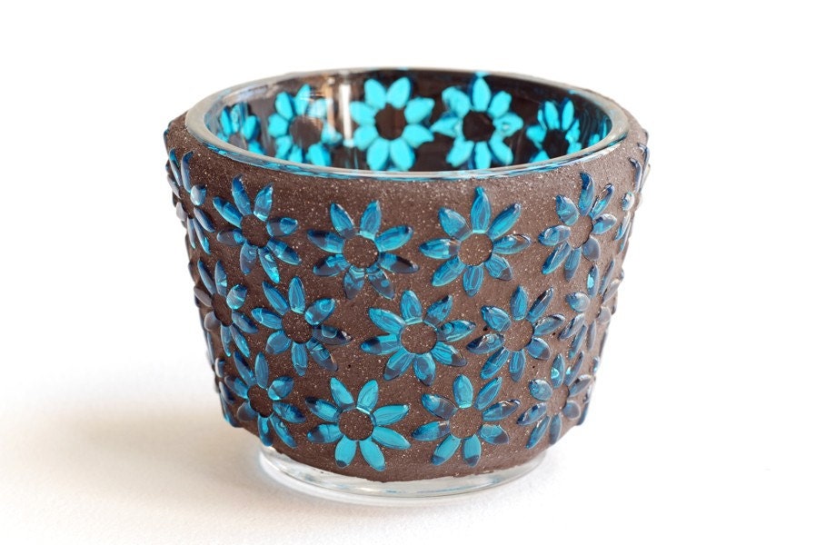 Turquoise Flowers - Mosaic Candle Holder - Trencadis