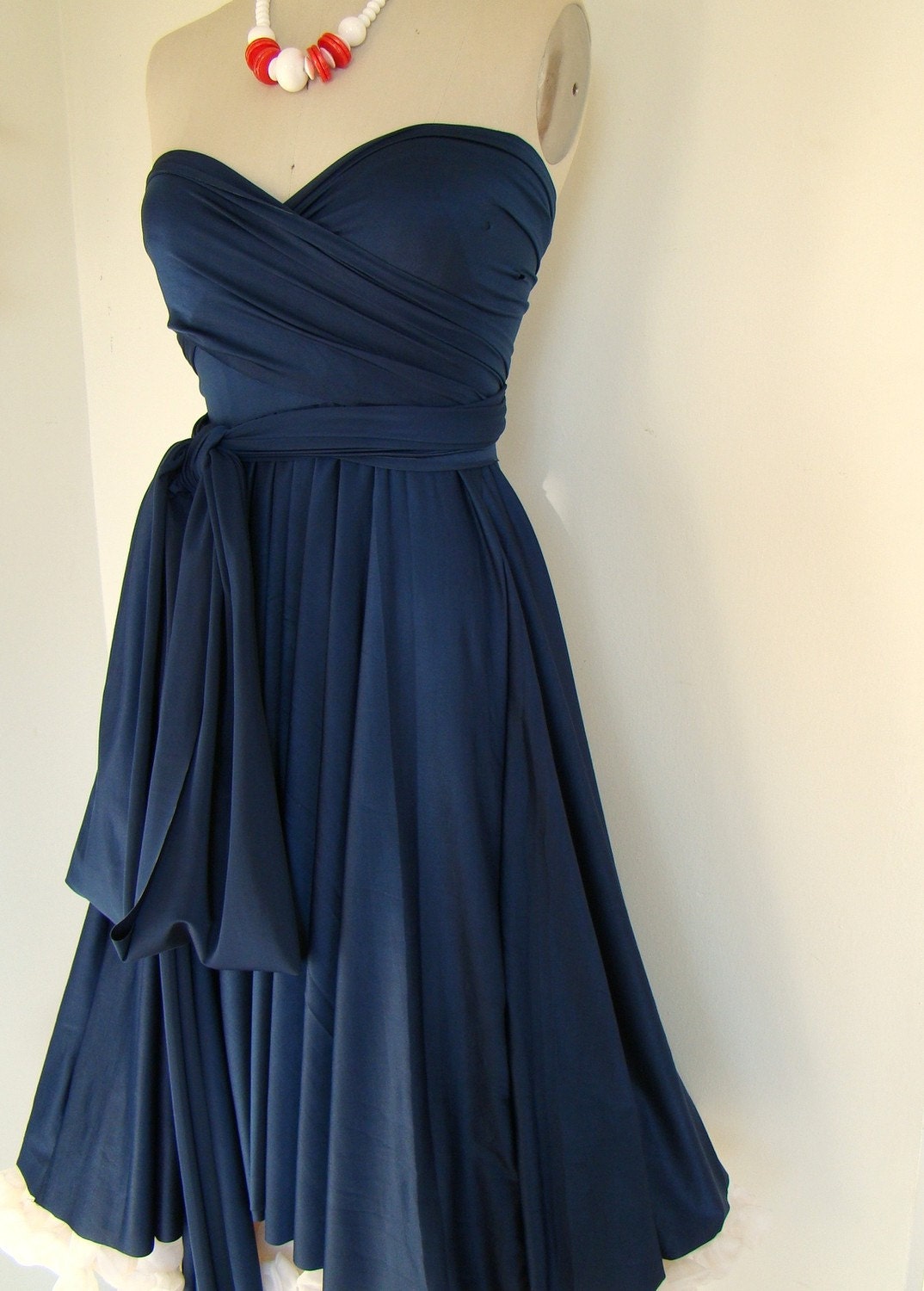 Mavericks Navy Blue Brushed Satin Convertible Wrap dress- Last of Fabric
