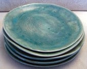 Handmade dinner plates-stoneware clay-pottery-ceramic-hand built-blue-crackle-set of six