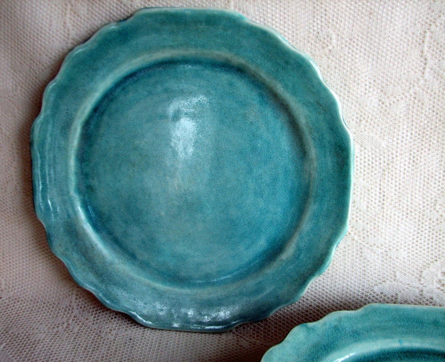 Ready to ship, Handmade dinner plates-stoneware-pottery-ceramic-cut edges-set of six aqua blue
