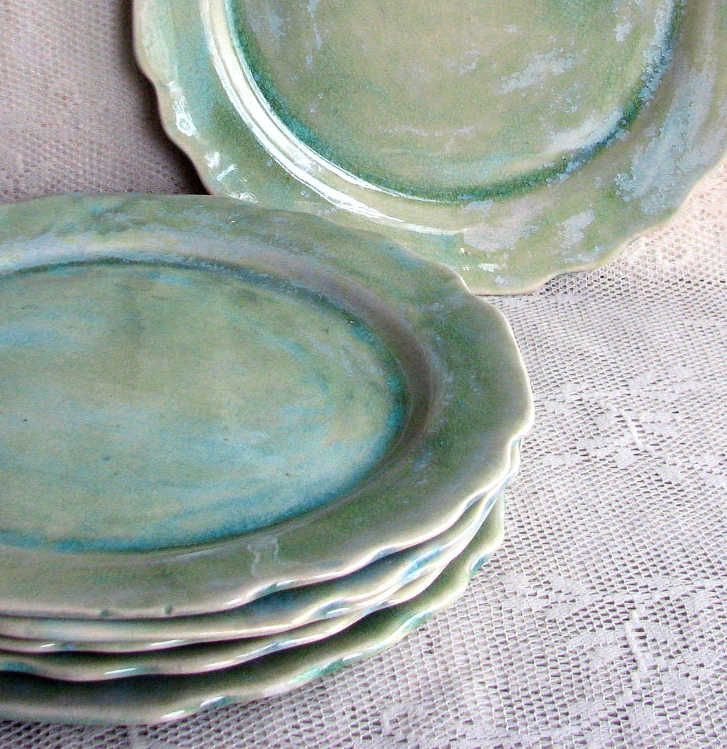 Handmade pottery ceramic stoneware clay slab set of 6 dinner plates with cut edges in light blues - Lesliefreemandesigns