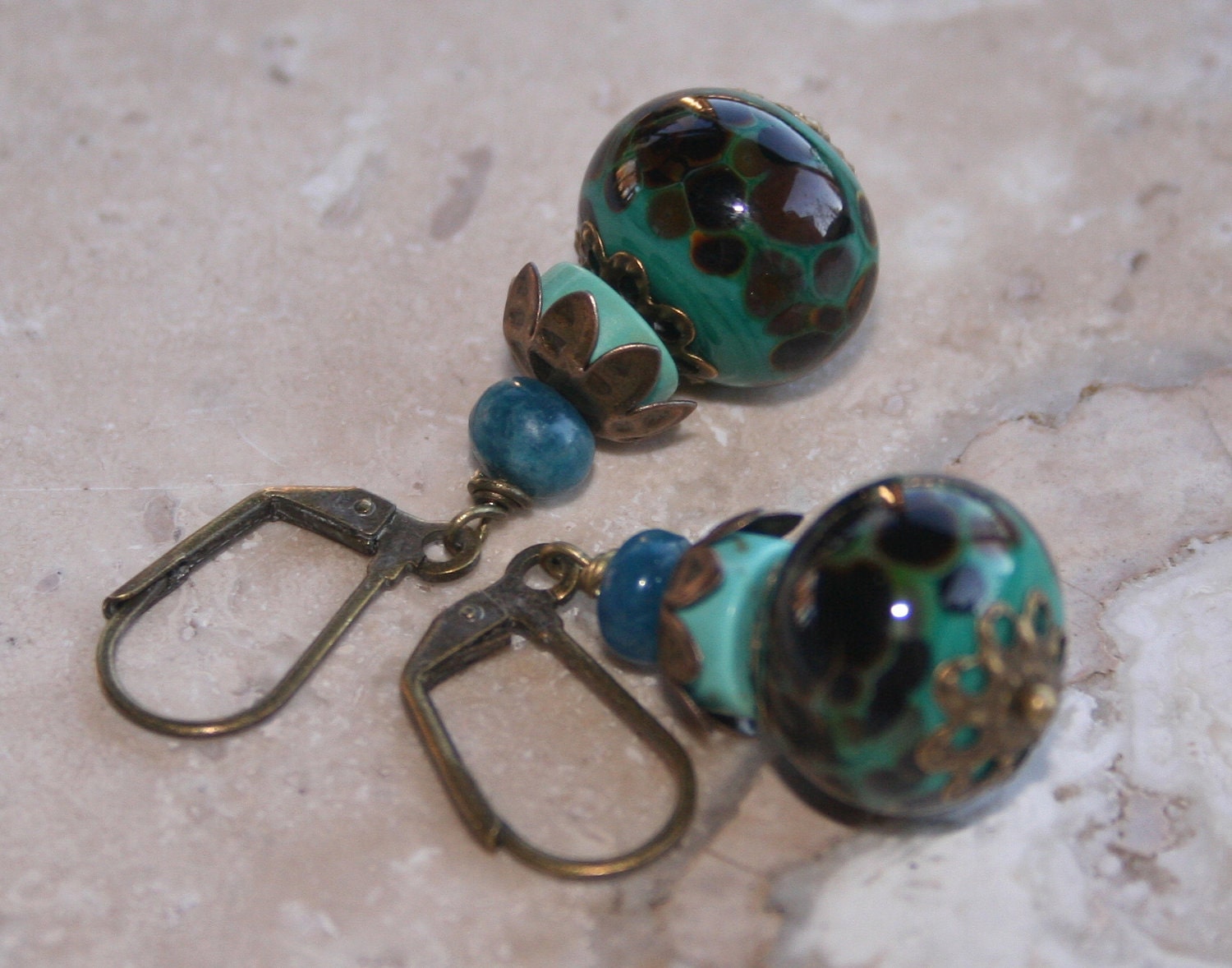 Turquoise Green Earrings / Turquoise Blue Apatite Earrings / Brass Earrings / Dangle Earrings / Carribean Blue Earrings