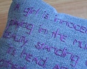 denim pillow, girl's pillow, children's bedding, purple embroidered pillow, upcycled pillow, quote pillow, repurposed pillow, OOAK