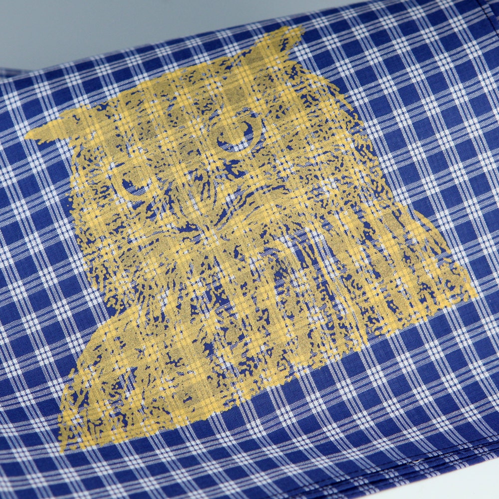 GOLDEN OWL Screenprinted Blue And White Handkerchief