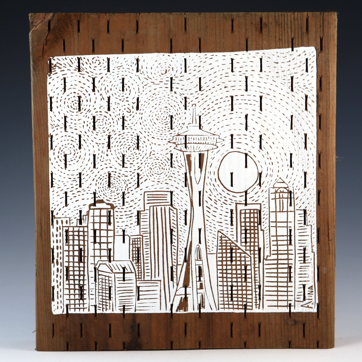 RUSTIC Moon Rise Over Seattle SCREENPRINT Over Driftwood