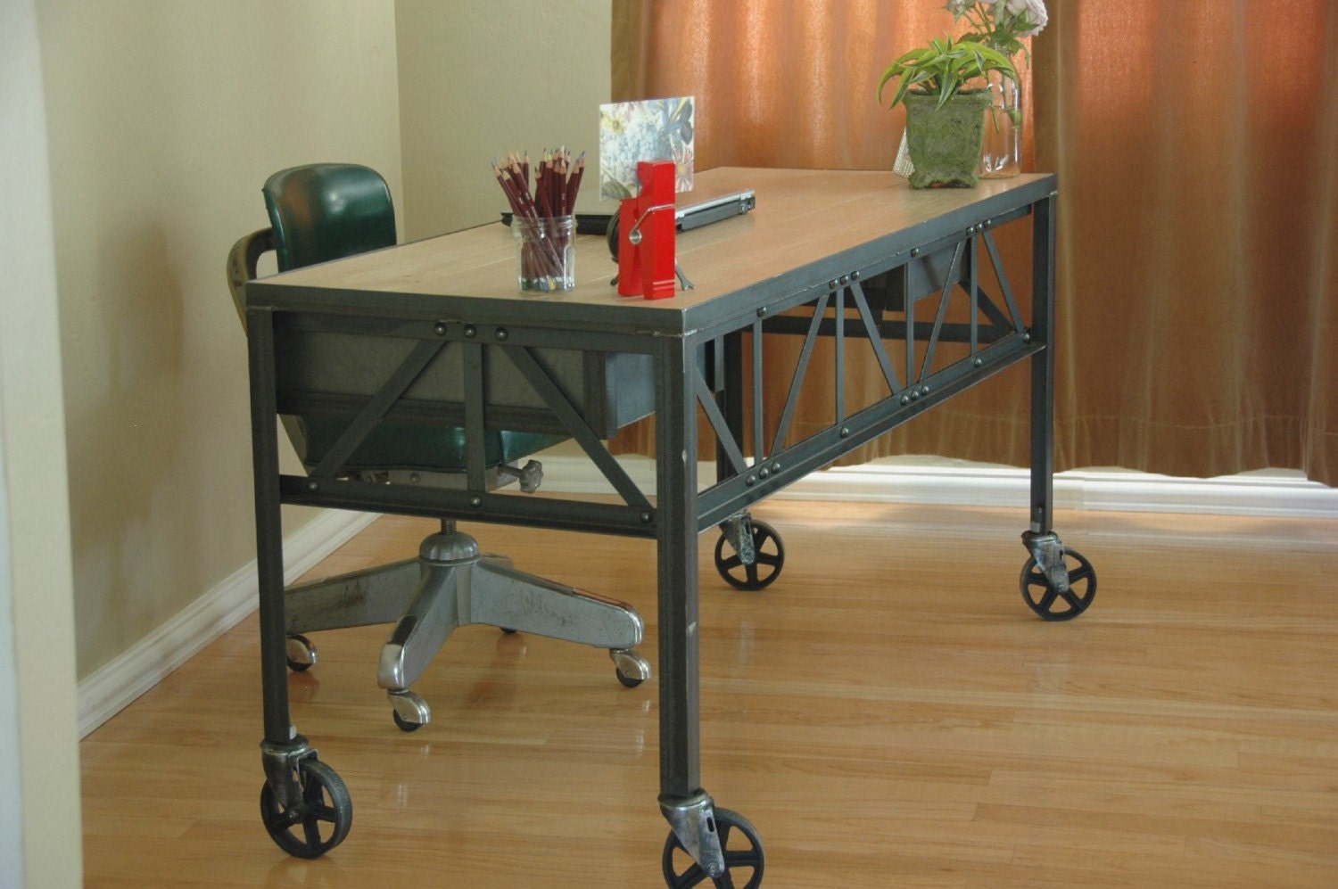 Royston French Industrial Desk on Casters / Vintage Work Table / Office Furniture