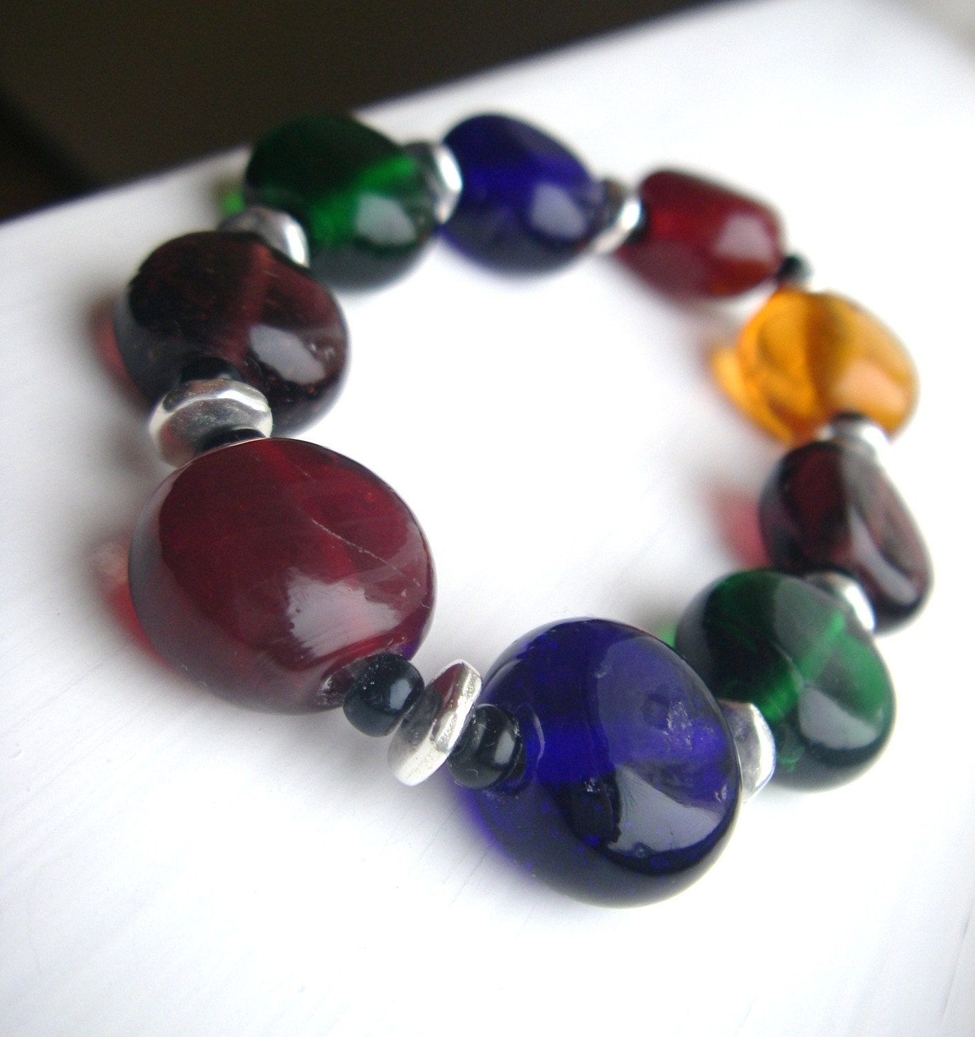 Multicolored glass bracelet - rainbow roygbiv - multi color - silver black