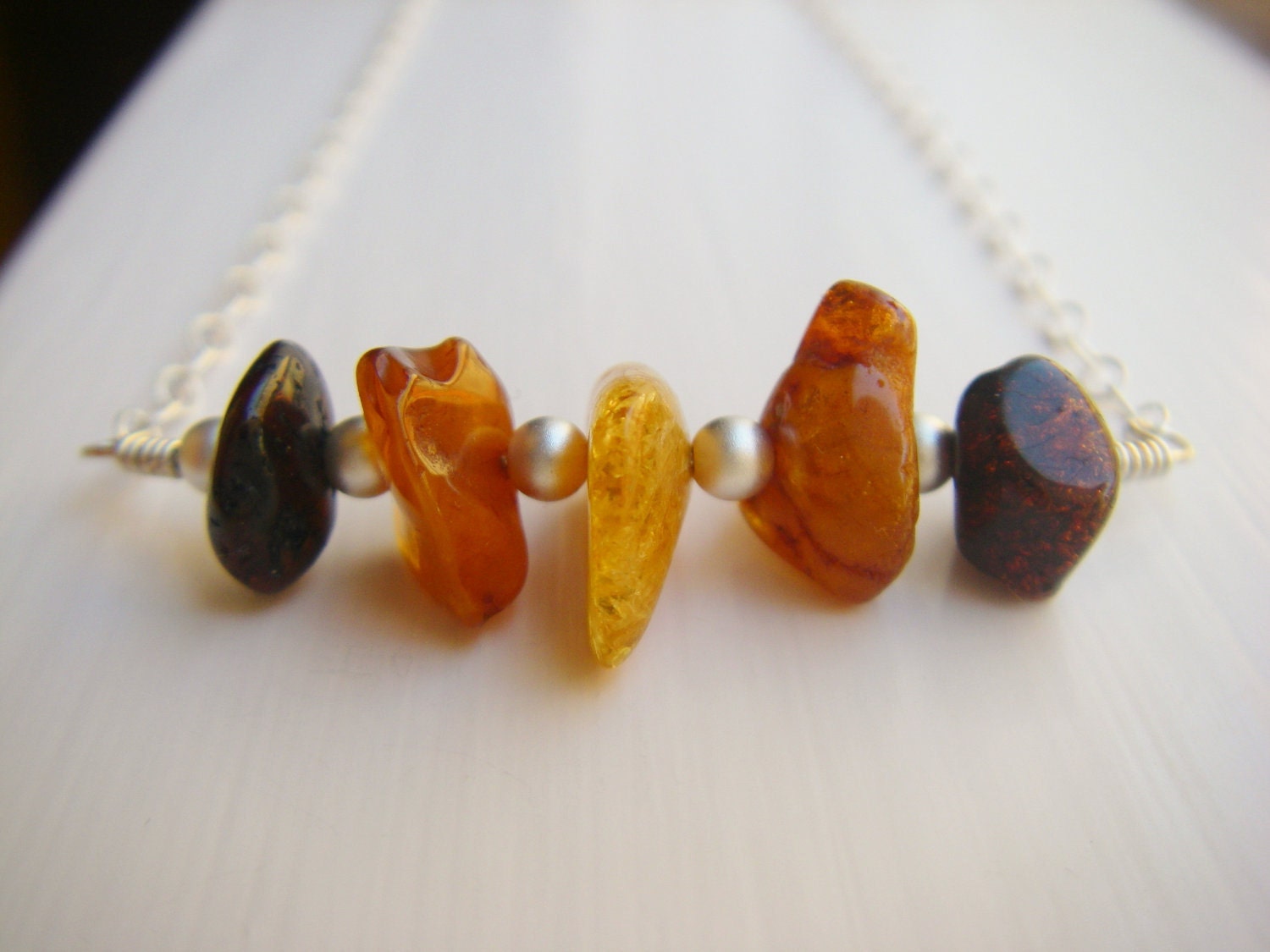 3-tone amber and silver necklace - butterscotch honey frosted silver chain