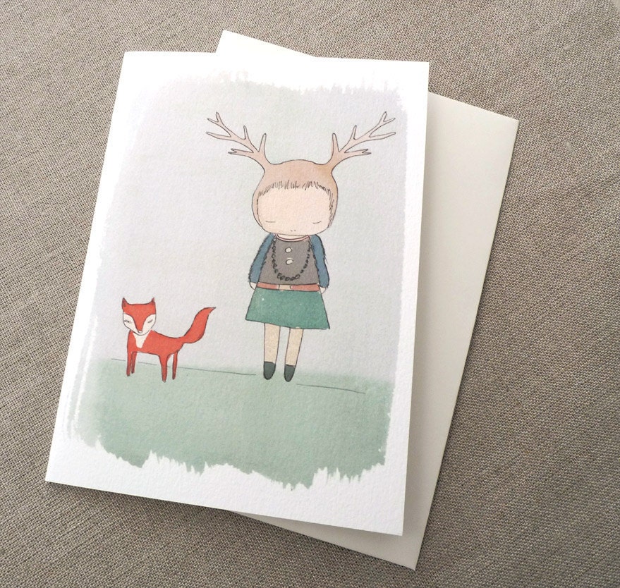 Greeting Card -Deer Girl and Fox -  6.2 x 11.5 " or 160x110.5 mm