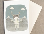 Greeting Card -Deer Boy in Swiss Mountains - Blue Hues -  6.2 x 11.5 " or 160x110.5 mm