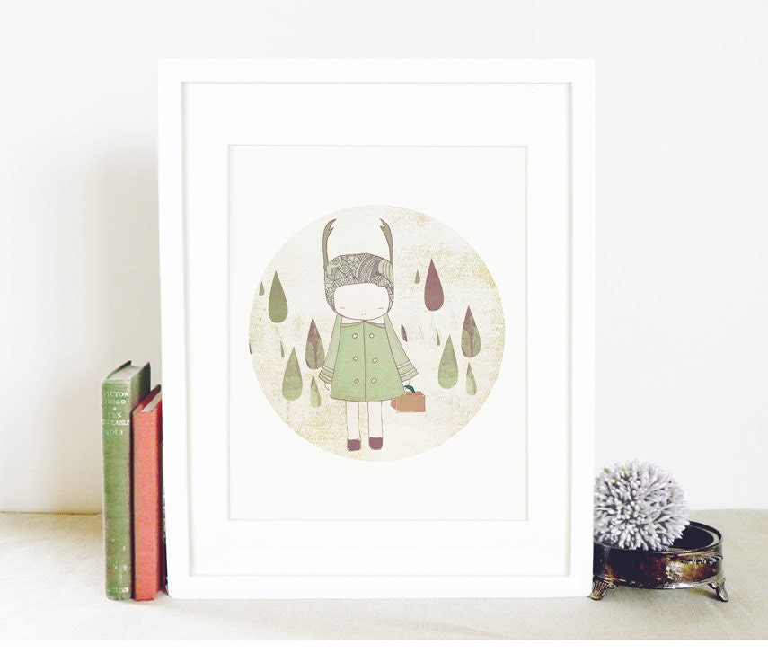 Kids Wall Decor - Deer Print Girl and Raindrops Illustration, light green, sage.