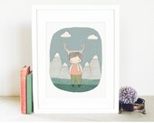 Kids Room Art - Deer Boy - Mountains and Raindrops and Clouds Illustration  8x10" Art Print