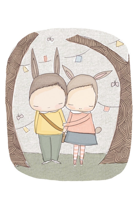 Forest Animal Art- Bunny Rabbits in The Wood- Henry and Harriet Best of Friends