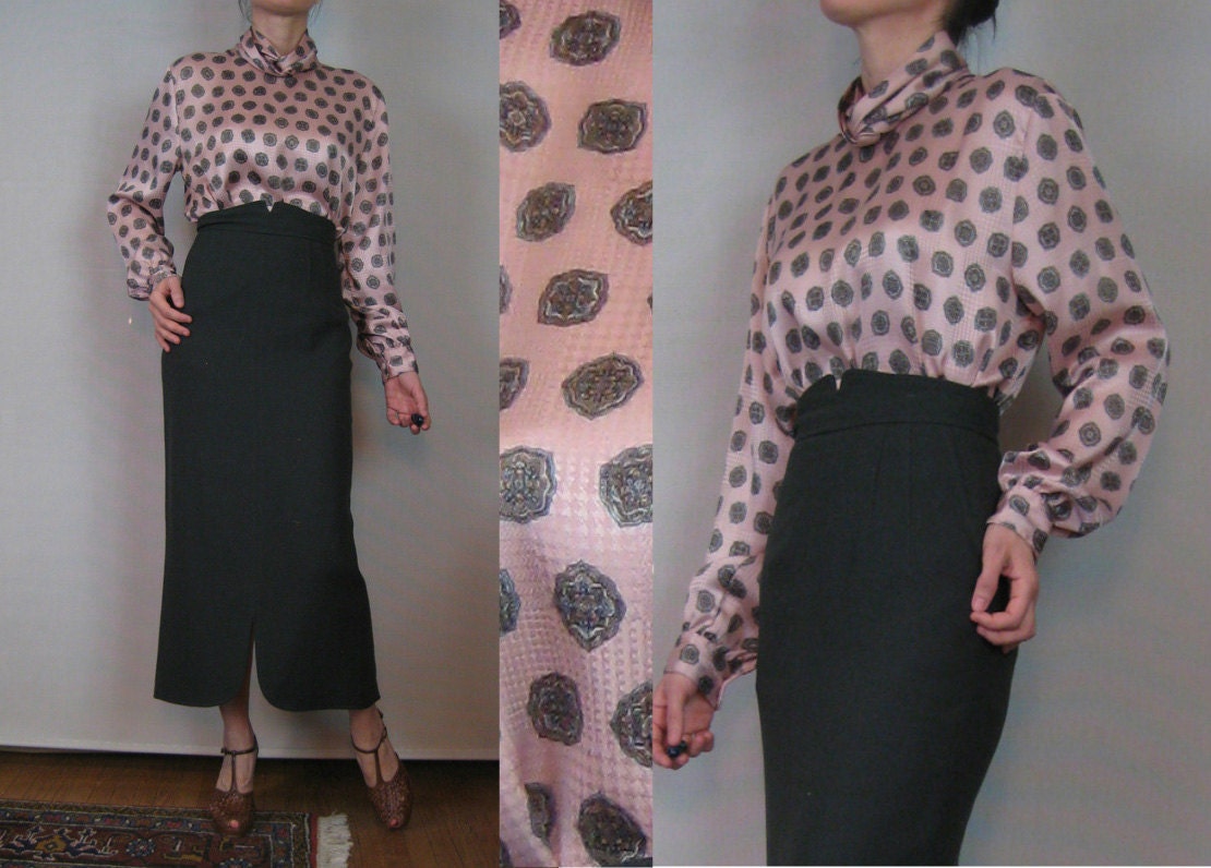 Vintage 80s Champagne Pink COWL Neck MEDALLIONS Blouse Small Medium m/l