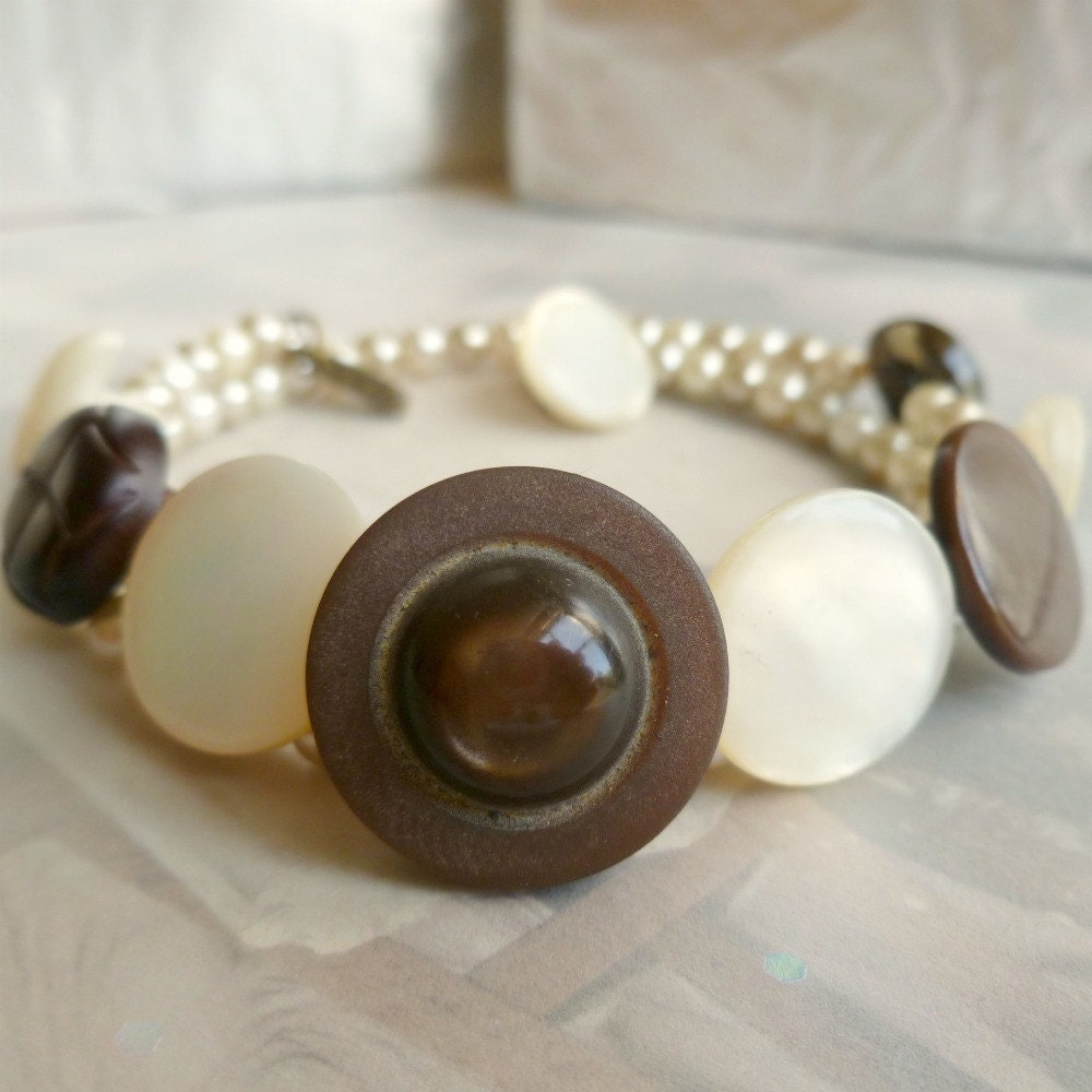 Vintage Button Wrap Bracelet Brown & Cream
