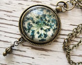 Blue Queen Annes Lace Vintage Inspired Necklace - Pressed Flower Jewelry