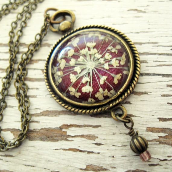 Romantic Plum Queen Annes Lace Vintage Inspired Necklace - Pressed Flower Jewelry