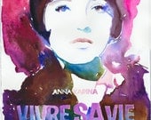Original Watercolor painting, Fashion Illustration: Vintage Poster  Vivre Savie, Jean Luc Godard