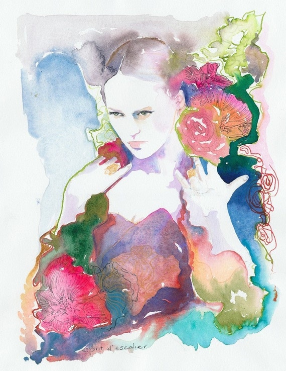 Print of  Watercolor  Painting, Fashion Illustration - Titled: Esprit d'escalier