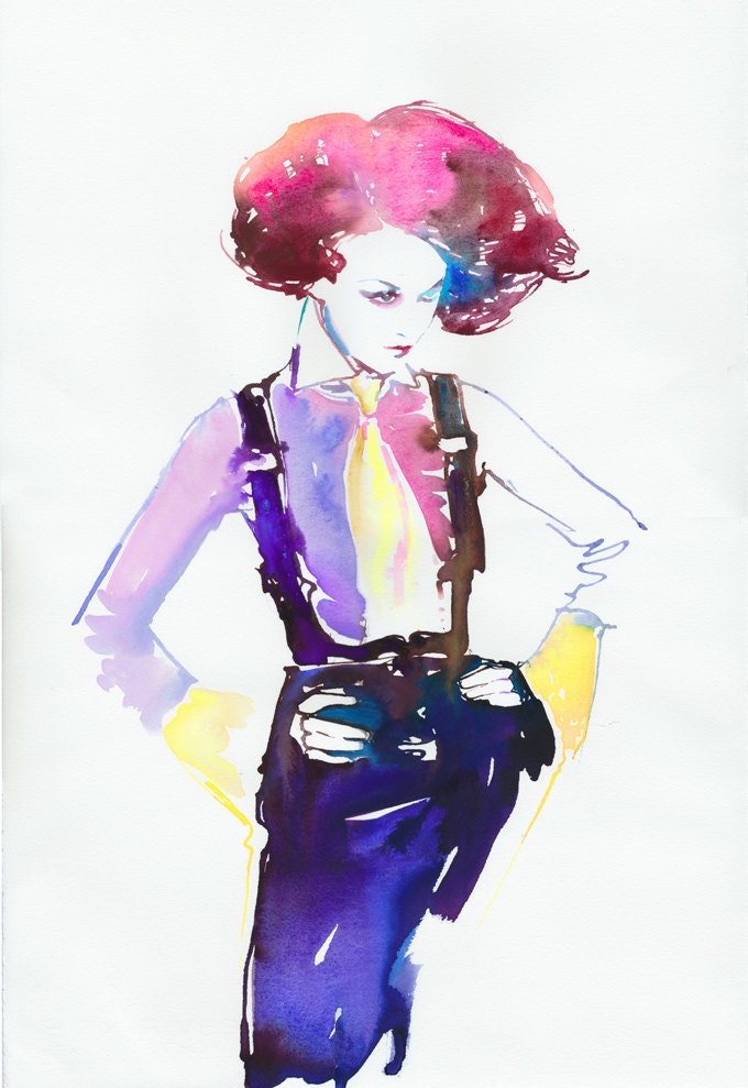 Original Watercolor Painting, Watercolour Fashion Illustration. Titled: Cat walk