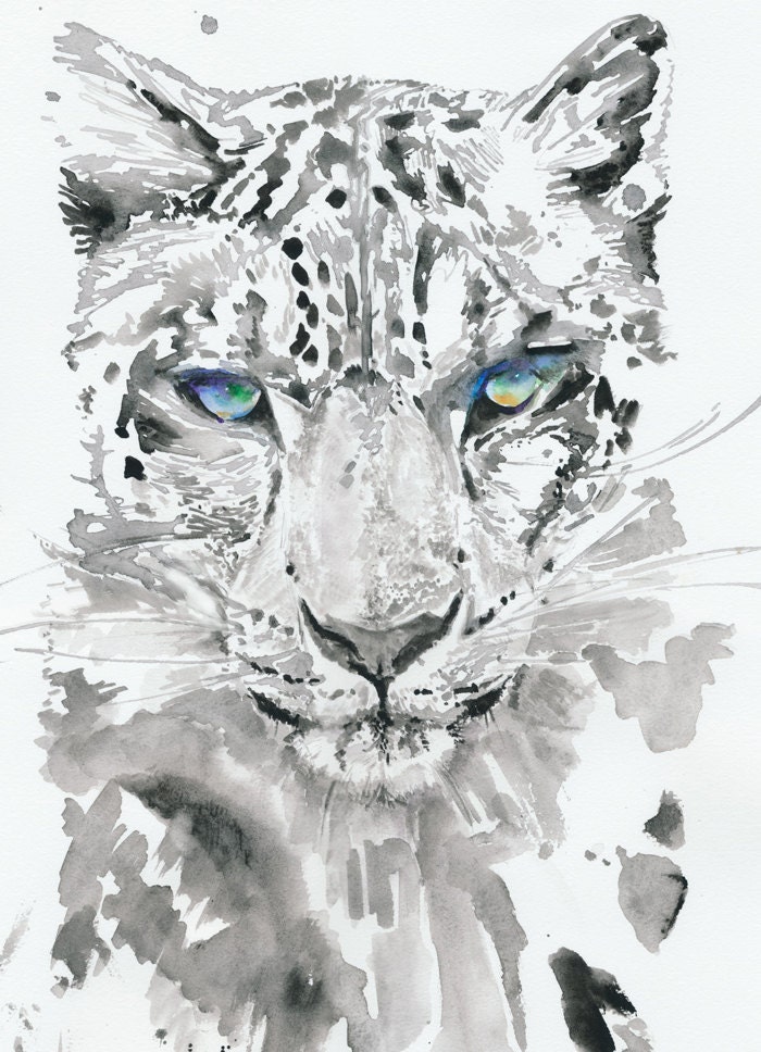 Original Watercolor Painting of leopard, Watercolour Illustration of white leopard, titled:leopard3