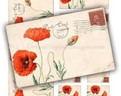 Red Poppy Digital Collage Sheet Printable Images - Vintage Postcards for Gift Tags Labels Decoupage Scrapbooking - INSTANT DOWNLOAD No.295