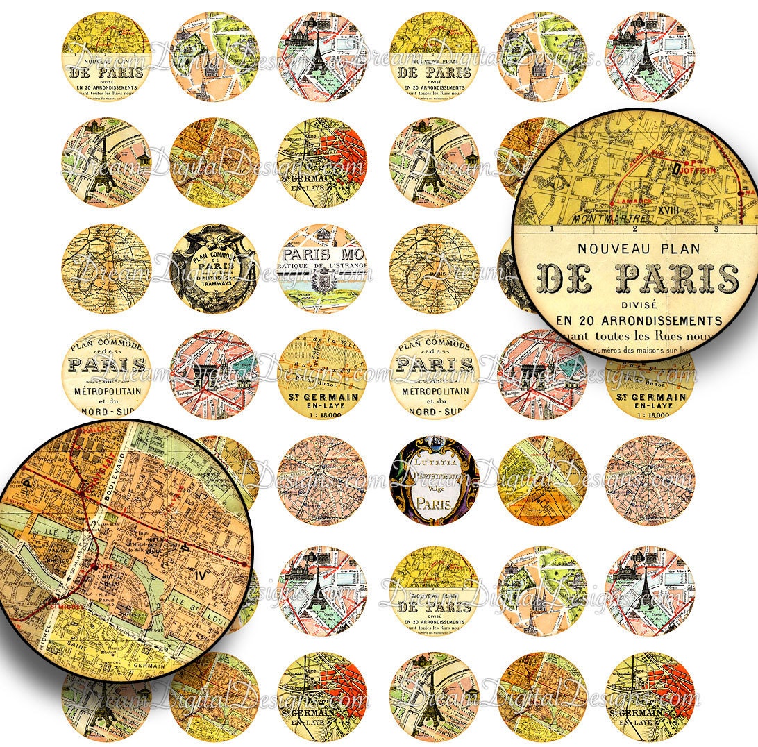 Digital sheet Paris 1 inch Circles Printable Images Vintage Map for Glass Pendant, Magnet, Stickers -  INSTANT DOWNLOAD No. 329