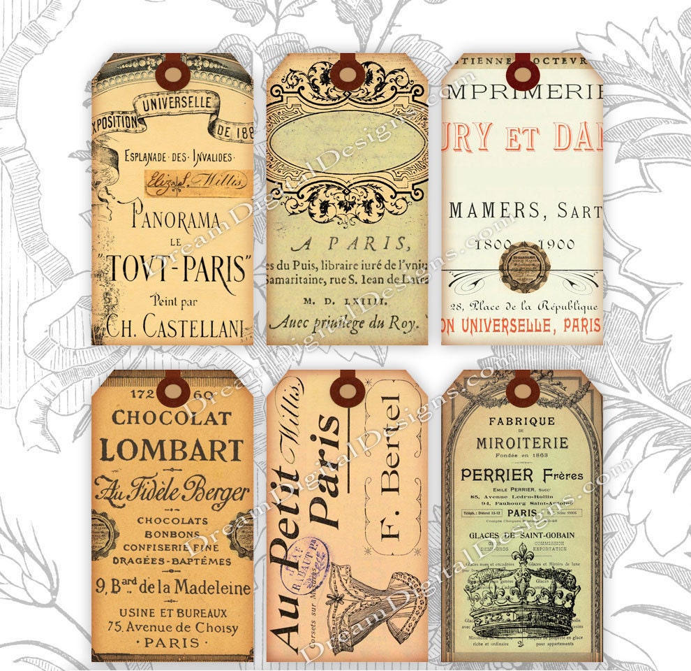 Paris Gift Tags Digital Collage Sheet Download Ephemera Printable Images INSTANT DOWNLOAD No.298