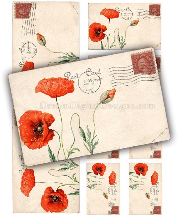 Red Poppy Digital Collage Sheet Printable Images - Vintage Postcards for Gift Tags Labels Decoupage Scrapbooking - INSTANT DOWNLOAD No.295