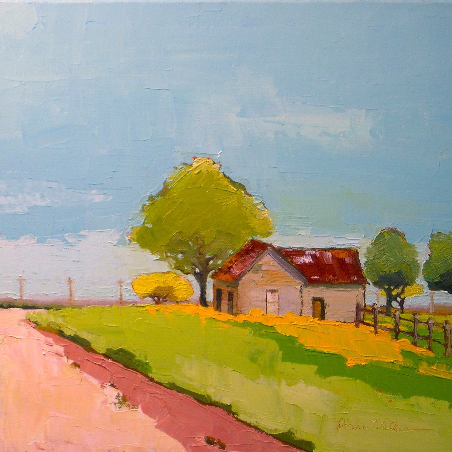 The Bend in the Road-- Oil Painting 12x12, Original on Canvas, Farmhouse Landscape