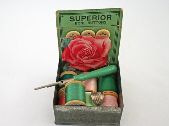 Vintage Sewing Supplies - Sewing Notions in a Tea Tin - Pink and Green Seamstress Gift