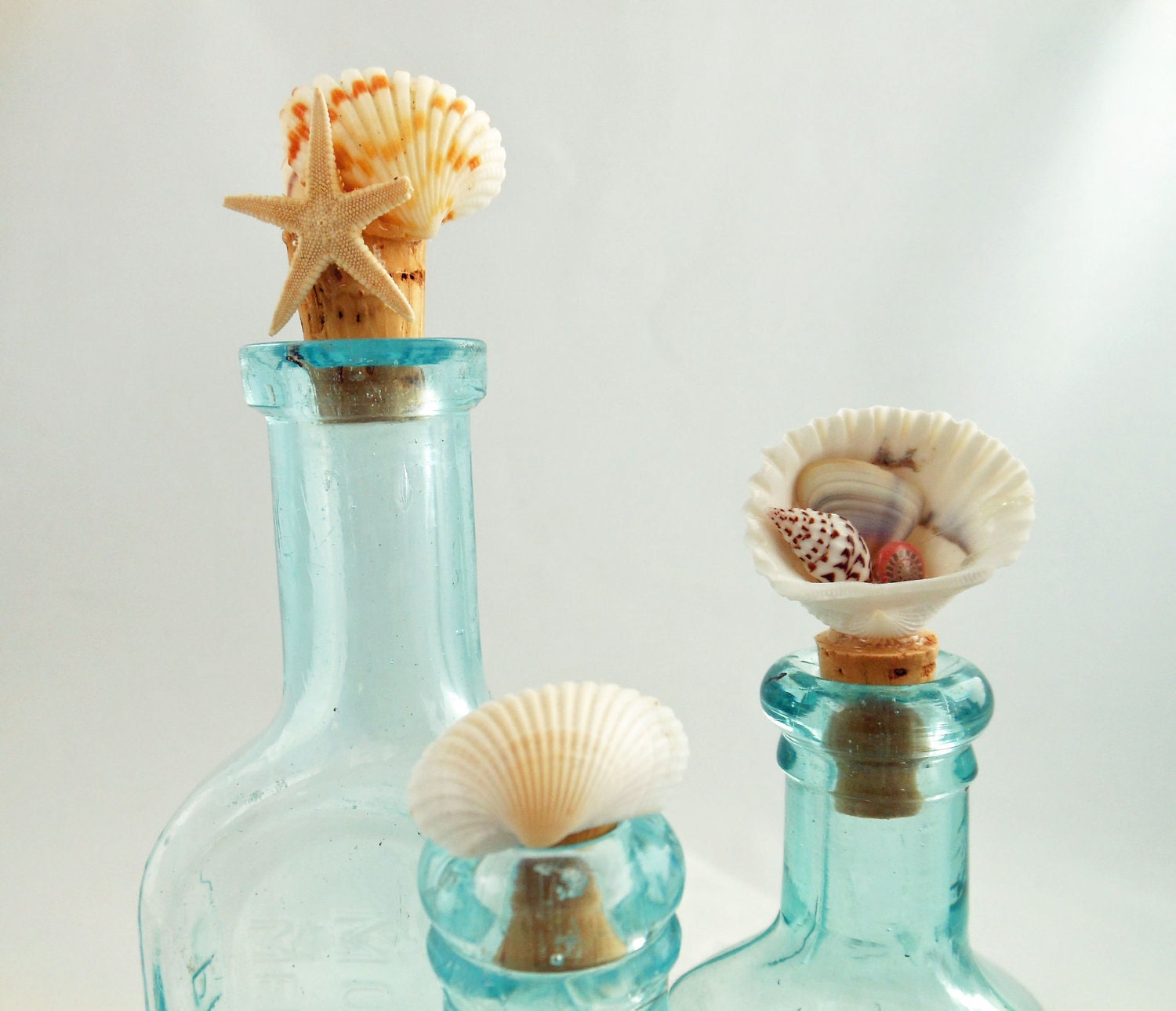 Vintage Apothecary Bottles - Aqua Bottles - Shell Embellisment Bottles