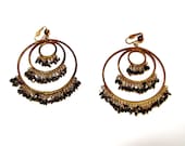 1950s Gypsy Earrings / vintage 50s triple hoop black beads dangle clip on Earrings