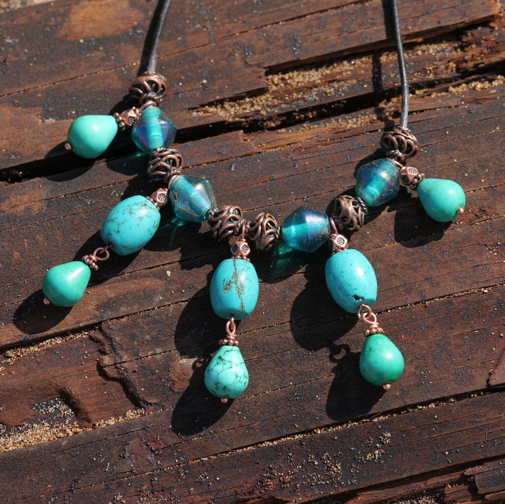 Turquoise Bib Statement Necklace, Natural Stone, Turquoise, Earthy Bohemian, Spring, Summer, Copper, Handmade