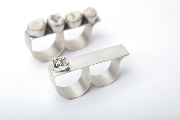 Sterling Silver and Four Human Teeth Knuckle Ring