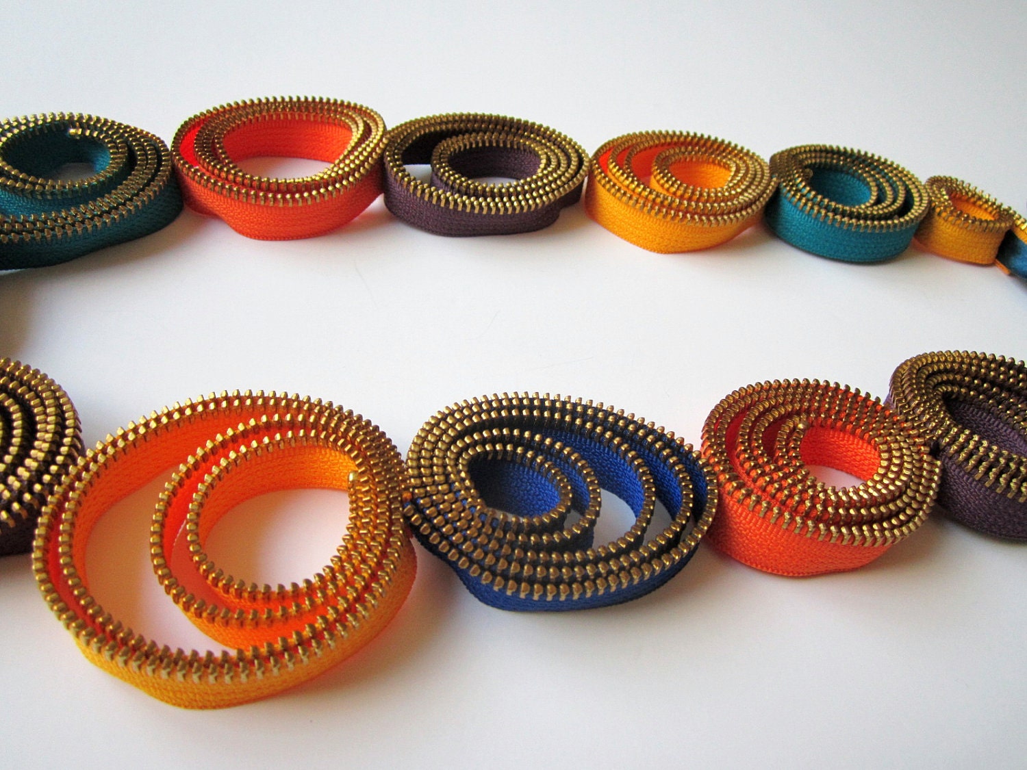 Textile Zipper Necklace Oversize Colors Handmade jewelry Fashion Hot Couture Designer- Rainbow Hoops