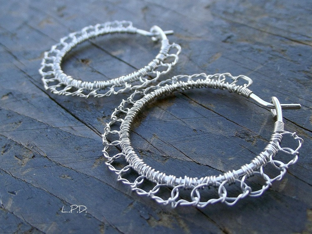Sterling Silver Hoop Earrings With Hand Woven Lace .